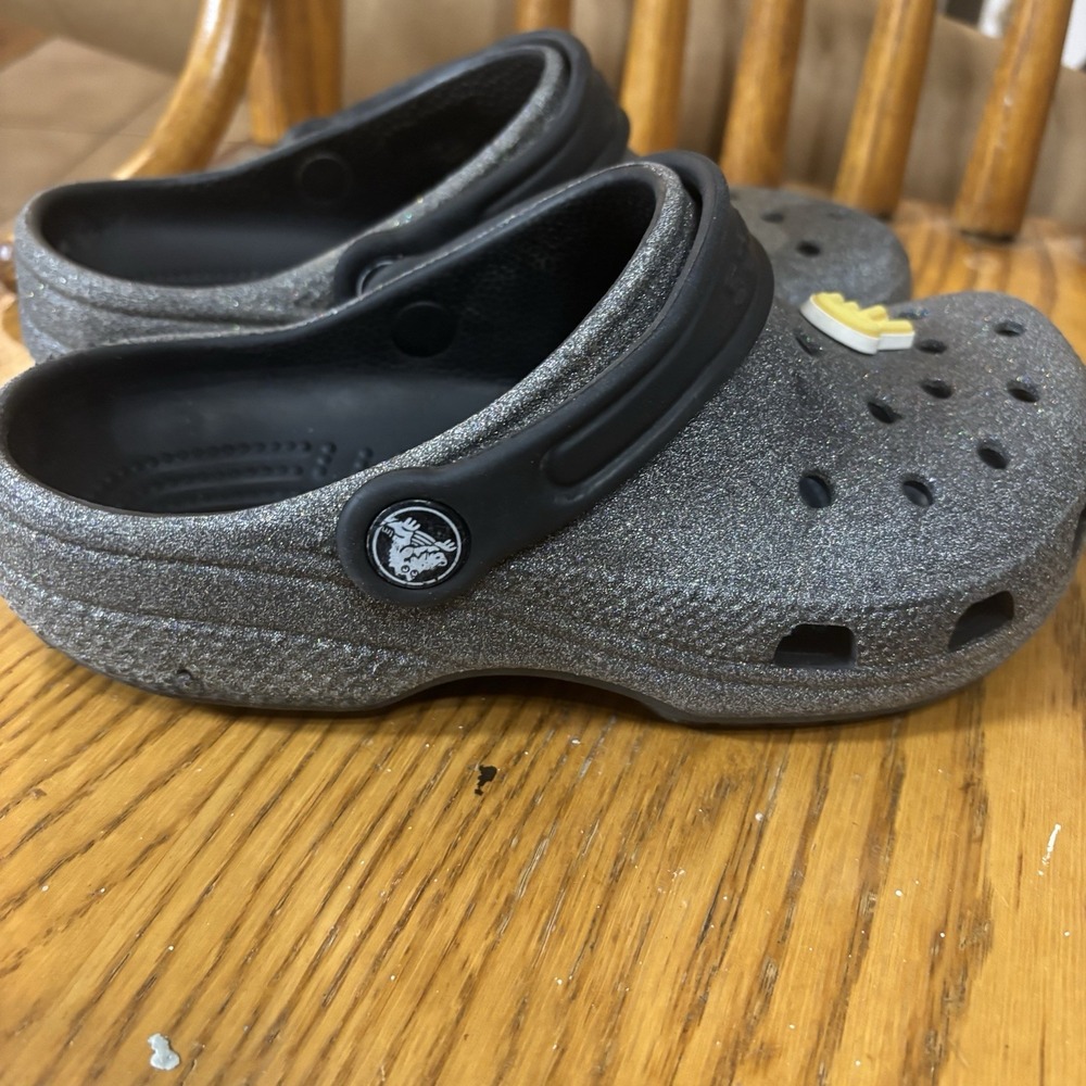 Crocs Youth Juniors Size 1 Grey With Glitter Slip On‎ Clogs Shoes EUC
